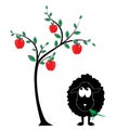 Black sheep silhouette and apple tree illustration. Cartoon character