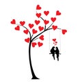 Birds couple silhouette on swing on love tree, vector. Birds in love on a swing on tree with hearts isolated on white background Royalty Free Stock Photo