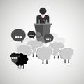 Black sheep and a crowd of sheep following head leader - politician