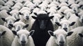 Black sheep in a flock of sheep, black and white photo. Generative AI Royalty Free Stock Photo