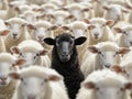 A black sheep among a flock of white sheep, raising its head like a leader Royalty Free Stock Photo