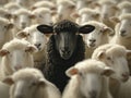 A black sheep among a flock of white sheep, raising its head like a leader Royalty Free Stock Photo