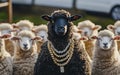 Black Sheep with Gold Chains in a Flock Royalty Free Stock Photo