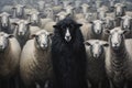 Black sheep in the middle of a flock of white sheep. Generative AI