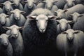 Black sheep in the middle of a flock of white sheep. Generative AI