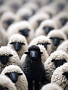 Black sheep is standing in middle of group of sheep Royalty Free Stock Photo