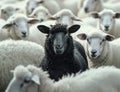 Black sheep standing out in a crowd of white sheep Royalty Free Stock Photo