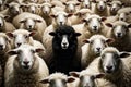 Black sheep stands in herd of white sheep. Generative AI Royalty Free Stock Photo