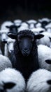 A black sheep stands out in the middle of an crowd with white sheep. The concept shows individuality and different Royalty Free Stock Photo