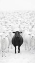 Black sheep stands out in middle of white sheeps, looking at camera,outstanding elite concept Royalty Free Stock Photo