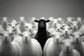 A black sheep surrounded by a flock of white sheep. Royalty Free Stock Photo