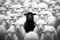 A black sheep surrounded by a flock of white sheep. Royalty Free Stock Photo