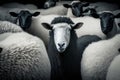 Black sheep white face in a flock of sheep. Generative AI