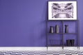 Black shelf with decorations, poster on a purple wall and geometrical floor. Place for your furniture/poster