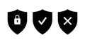 Black shields with check mark, cross and closed padlock inside vector illustration. Abstract antivirus security