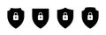 Black shields of different shapes with closed padlock inside vector illustration. Abstract antivirus security collection