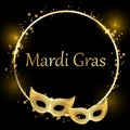 Black mardi gras carnival background with gold masks.