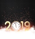 Black shiny 2019 New Year background with gold clock. Royalty Free Stock Photo