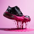 black shoe is dirty, doused with bright pink sticky thick liquid, paint, chewing gum Royalty Free Stock Photo