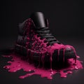 black shoe is dirty, doused with bright pink sticky thick liquid, paint, chewing gum Royalty Free Stock Photo