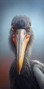 Black Shoebill Stork with Orange Beak, Tilted Head, Looking Aggressively Directly at Camera AI Generative