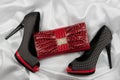 Black shoes and purse lying on white satin Royalty Free Stock Photo