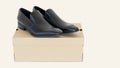 The black shoes are put on the shoe box and can be made as a gift on New Year`s Day on a white background Royalty Free Stock Photo