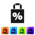 Black Shoping bag with an inscription percent discount icon on white background. Handbag sign. Set icons in color square