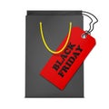 Black shopping bag with big red label tag isolated on white background, vector illustration. Black Friday sale concept Royalty Free Stock Photo