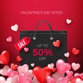 Black shopping bags with discount offer with flying hearts. Sale Valentine`s day promotion for store. Vector illustration