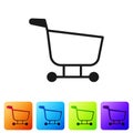 Black Shopping cart icon isolated on white background. Food store, supermarket. Set icons in color square buttons Royalty Free Stock Photo