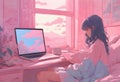 Black Short Hair Girl with Laptop at Morning, Lo-fi Anime Pink and Blue tone Royalty Free Stock Photo