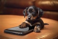 Shorthair puppy using a mobile phone