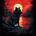 Animal Lover Black Wolf At Sunset: Nightmarish Illustrations In Dark Cyan And Red