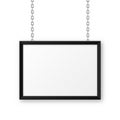 Black signboard hanging on a metal chain. Restaurant menu board. Modern poster mockup. Blank photo or picture frame