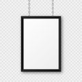 Black signboard hanging on a metal chain. Restaurant menu board. Modern poster mockup. Blank photo or picture frame