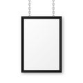 Black signboard hanging on a metal chain. Restaurant menu board. Modern poster mockup. Blank photo or picture frame