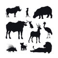 Black silhouette of african animals on white background. Isolated icon of lion, buffalo and gazelle Royalty Free Stock Photo