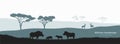 Black silhouette of african boar. Scenery with desert warthog family. Landscape with wild african animals