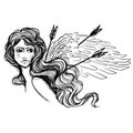 The Black Silhouette of An Angel Girl With Large Wings, Long Hair and Arlas