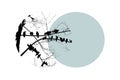 Black silhouette of bare tree with birds doves on branch on blue circle. Great design for any purposes