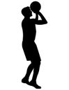Black silhouette of a basketball player who jumps on the spot and throws the ball with two hands Royalty Free Stock Photo
