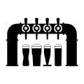 Beer dispenser, tap with beer mugs. Black silhouette of beer pump. Vector illustration. Royalty Free Stock Photo