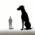 Black silhouette of a big dog and little man on white background Royalty Free Stock Photo