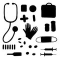 Black silhouette big set with simple style medical tools flat vector illustration isolated on white background Royalty Free Stock Photo