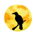 Black silhouette of a bird raven on the background of a yellow moon. Hand drawn watercolor illustration isolated on