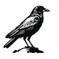Detailed Crow Design On White Background - Screen Printing Style