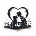 Black silhouette of a boy with a dog in the grass around a heart white isolated background. Heart as bol of affection and Royalty Free Stock Photo