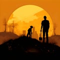 Black silhouette of boy and a man digging in the dirt on sunset background Royalty Free Stock Photo