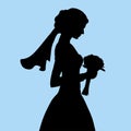 The black silhouette of a bride with a bridal bouquet and veil on blue background.